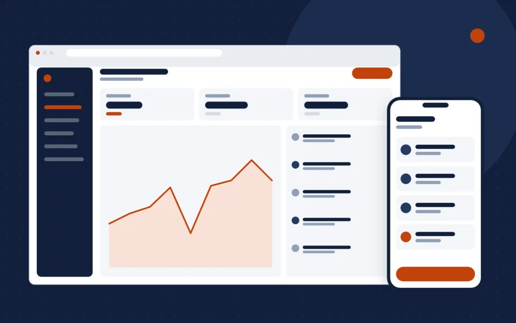 Mockup ilustrativo de painel financeiro para escritório contábil em computador e celular